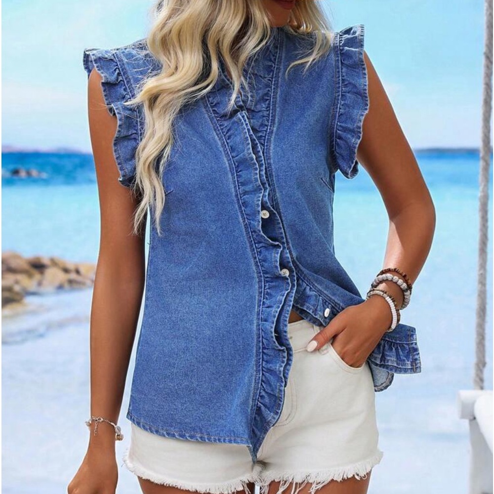 New denim sleeveless button down top - Picture 3 of 7